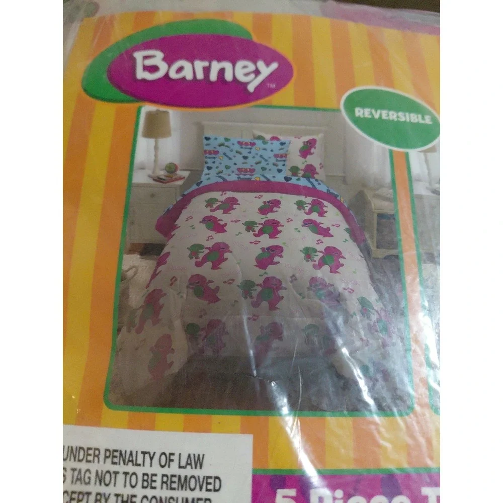 Barney & Friends Bedding 7 Piece Reversible Comforter, Sheet Set w/Sham, Full Sz